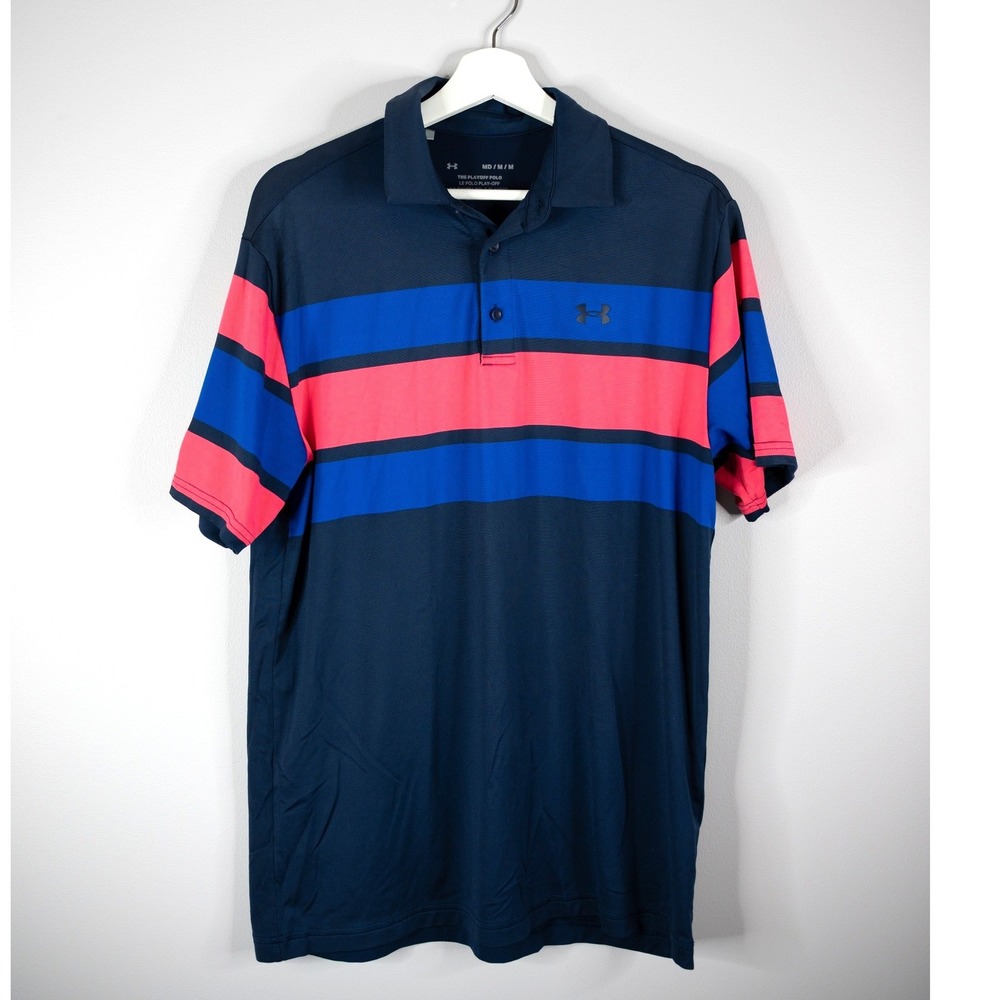 Under Armour Playoff Polo Mens Medium Navy Blue Pink Striped Golf Shirt The Cove